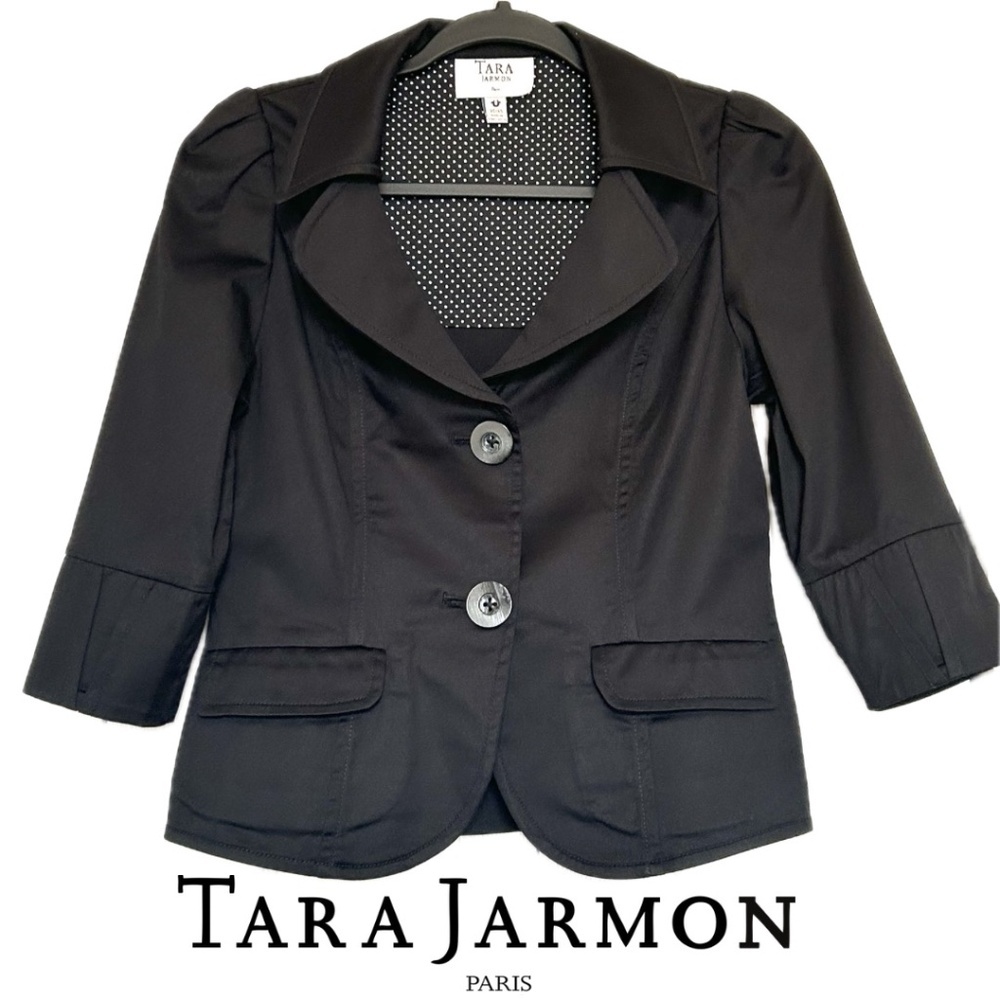 Tara JARMON Paris Cropped Blazer Black Cotton 3/4 Puffed Sleeve Size XS